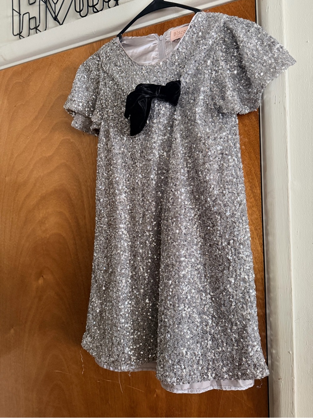 Biscotti Silver Sequin Dress with Black Velvet Bow